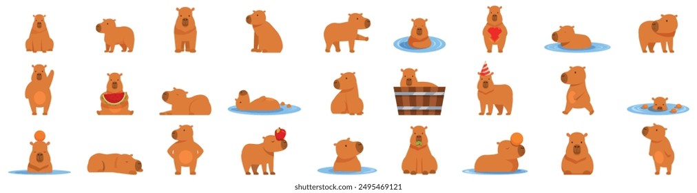 Capybara icons set. Collection of adorable capybara in various poses and actions, showcasing the charm of this giant rodent species