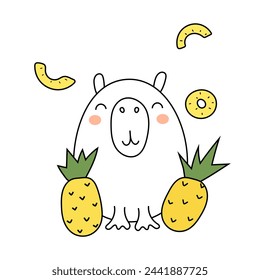 Capybara illustration. Cute cartoon capybara in doodle style. Capybara for print on clothes, dishes. Children's illustration