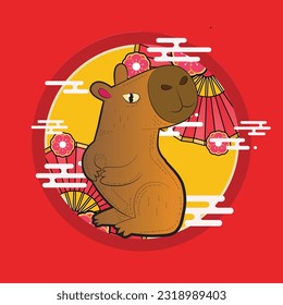 capybara illustration with japanese style for kaijune event, notebook, logo