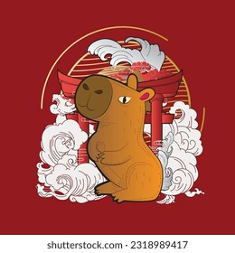 capybara illustration with japanese style for kaijune event, notebook, logo