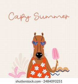 Capybara illustration. Summer theme composition with cute animal character. Beach vacation concept. Hand drawn flat style vector illustration for card, print, poster.