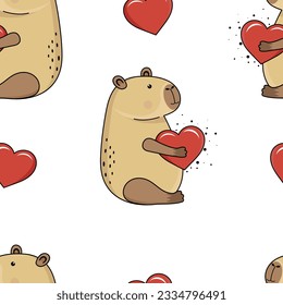 Capybara iwith big red heart. Seamless funny pattern