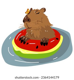 A capybara in a Japanese hot spring Onsen in a circle in the form of a watermelon with a butterfly on its nose. A capybara floating in the water. Kawaii drawing, funny isolated flat illustration