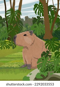 Capybara in the jungle. Wild animals of South America. Realistic vector vertical landscape