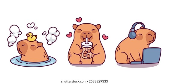 Capybara kawaii mascotes conjunto isolado no fundo branco. Ilustração de desenho animado vetor contemporânea de personagem animal bonito desfrutando banho de espuma quente, beber chá de bolha, ouvir música no laptop