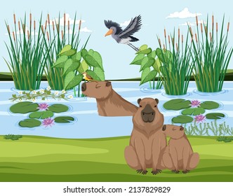 Capybara living in the nature pond illustration