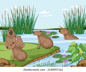 Capybara living in the nature pond illustration