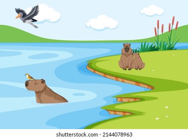 Capybara living in the nature pond illustration