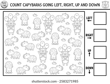 Capybara logic black and white game with right, left, up, down concept for kids. I spy searching, counting line activity with capibara. Printable space orientation worksheet, coloring page
