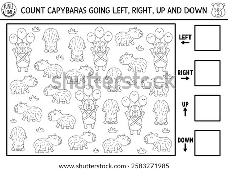 Capybara logic black and white game with right, left, up, down concept for kids. I spy searching, counting line activity with capibara. Printable space orientation worksheet, coloring page
