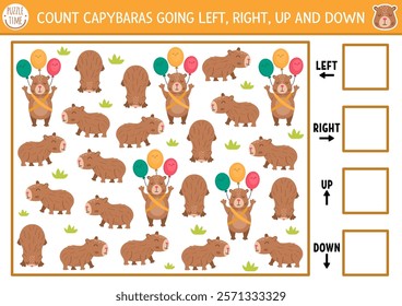 Capybara logic game with right, left, up, down concept for kids. I spy searching, counting activity with capibara. Printable space orientation worksheet for preschool children. Simple spotting puzzle