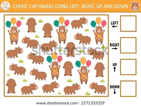 Capybara logic game with right, left, up, down concept for kids. I spy searching, counting activity with capibara. Printable space orientation worksheet for preschool children. Simple spotting puzzle