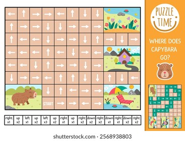 Capybara logic maze for kids. Capibara preschool printable activity. Labyrinth game or puzzle with left, right, up, down concept. Follow the arrow and find out where cute animal goes 