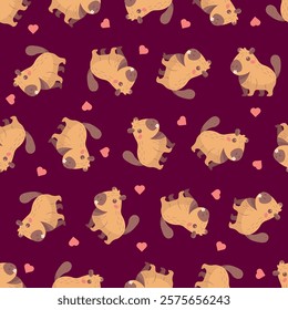 Capybara Love Pattern with Hearts. Playful seamless pattern featuring cute capybaras and pink hearts on a dark maroon background. Perfect for fun, animal-themed designs