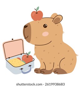 Capybara with a lunchbox and an apple on its head. Flat hand-drawn style on transparent background. Fun and playful, great for nutrition topics, school designs, and childrens content.