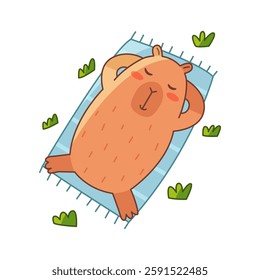 Capybara is lying on blanket. Cute summer capybara. Flat vector illustration isolated on white background.