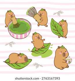 Capybara Making Matcha Tea Preparation with Bamboo Whisk.Relaxing Matcha Tea Hand Drawn Illustration