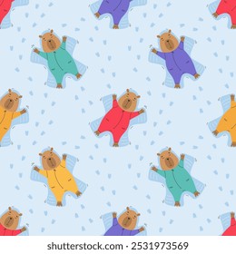 Capybara making snow angels seamless pattern