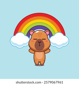 capybara mascot cartoon character vector illustration with rainbow.
design element for poster, brochure, web, mascot, sticker, logo and icon.