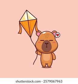 capybara mascot cartoon character vector illustration playing kite.
Design element for poster, brochure, web, mascot, sticker, logo and icon.