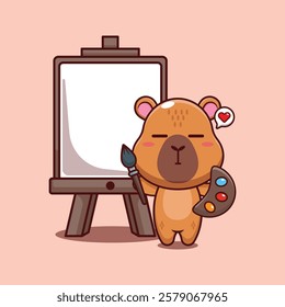 capybara mascot cartoon character vector illustration wants to paint on canvas.
Design element for poster, brochure, web, mascot, sticker, logo and icon.