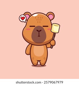 capybara mascot cartoon character vector illustration eating marshmallow.
Design element for poster, brochure, web, mascot, sticker, logo and icon.