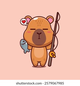 capybara mascot cartoon character vector illustration catching fish with fishing rod.
design element for poster, brochure, web, mascot, sticker, logo and icon.