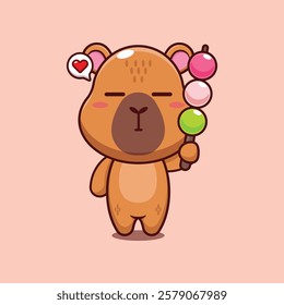 capybara mascot cartoon character vector illustration eating dango. 
design element for poster, brochure, web, mascot, sticker, logo and icon.