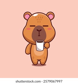 capybara mascot cartoon character vector illustration is tired and sleepy holding coffee. 
design element for poster, brochure, web, mascot, sticker, logo and icon.