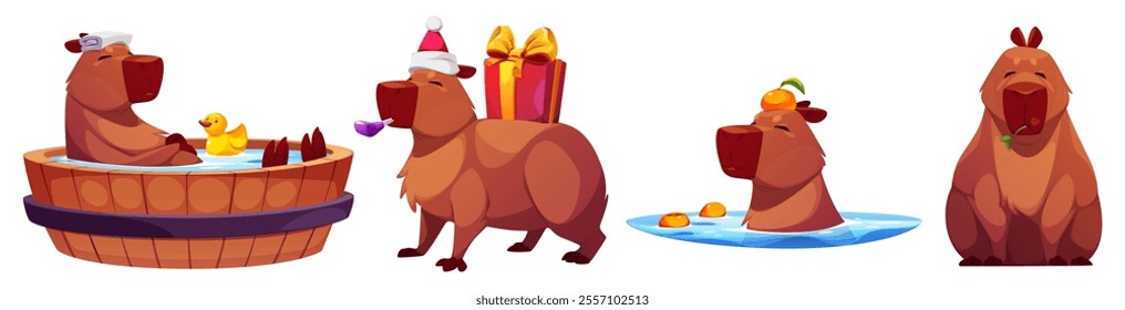 Capybara mascots set isolated on white background. Vector cartoon illustration of cute animal relaxing in bath with rubber duck, carrying Christmas gift box, swimming in water, eating green plant