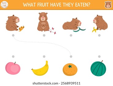 Capybara matching activity with cute animals and fruit waste. Capibara puzzle with apple, banana, orange, watermelon. Match the objects game. Feed the animals printable worksheet