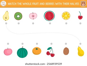 Capybara matching activity with whole fruit and berry and their halves. Capibara food puzzle with apple, pear, orange, watermelon. Match the objects game. Healthy eating printable worksheet