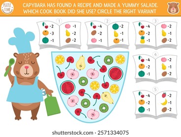 Capybara matching game with fruit salad recipe and cook books. Math and searching activity for preschool kids. Educational printable counting worksheet with cute capibara chef