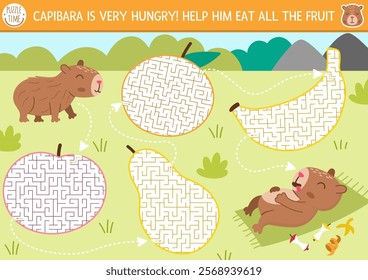 Capybara maze for kids geometrical fruits. Hungry capibara preschool printable activity with nature landscape. Labyrinth game or puzzle with cute animal eating apple, pear, tangerine, banana