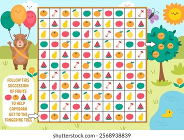 Capybara maze, seek and find game with apple, pear. Attention puzzle. Capibara printable activity for kids. Logical searching puzzle. Follow fruit succession to help animal get to tangerine tree