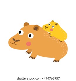 Capybara mother and child animal cartoon character isolated on white background.