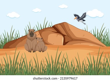 Capybara in nature background illustration