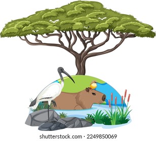 Capybara in nature pond illustration