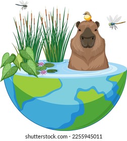 Capybara in nature pond on half earth illustration