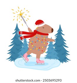 Capybara on ice skates in garland with Christmas tree in flat style. Vector illustration Capibara for holiday designs of banner, cover, advertisement, greeting card. Concept of Christmas and New Year