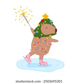 Capybara on ice skates in garland with Christmas tree in flat style. Vector illustration Capibara for holiday designs of banner, cover, advertisement, greeting card. Concept of Christmas and New Year