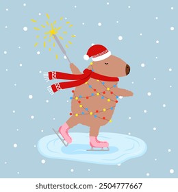 Capybara on ice skates in garland with Christmas tree in flat style. Vector illustration Capibara for holiday designs of banner, cover, advertisement, greeting card. Concept of Christmas and New Year