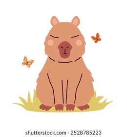 Capybara on lawn with butterflies . Cute animal character.