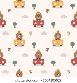 Capybara and orange in car cartoon so cute. On tree flower cloud background. Pattern seamless vector illustration. 