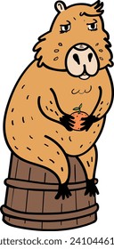 Capybara with Orange Sitting on a Wooden Bucket. Cartoon Illustration