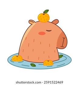 Capybara with oranges in water. Cute summer capybara. Flat vector illustration isolated on white background.