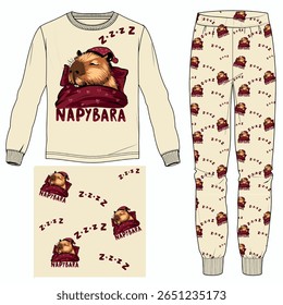 Capybara pajama set design. Fabric print pattern design. Fashion, children's clothing, sleepwear, pajamas, and more