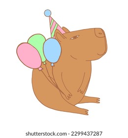 capybara in party hat with colorful balloons. animal hand drawn in doodle cartoon style. brown cute rodent. Illustration suitable for sticker, poster, card.