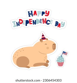 Capybara in a party hat, greeting card, isolated on white background.
 Happy independence day.