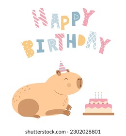 Capybara in a party hat, lettering happybirthday, greeting card, isolated on white background